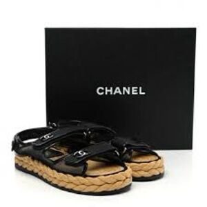 LOGO CHANEL Dad Sandals 22P Black Raffia Mesh Leather Shoes CC Logo Flats Size39